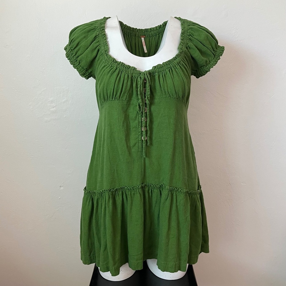Free People Green Linen Blend Tiered Mini Dress Tunic Pockets Size Medium